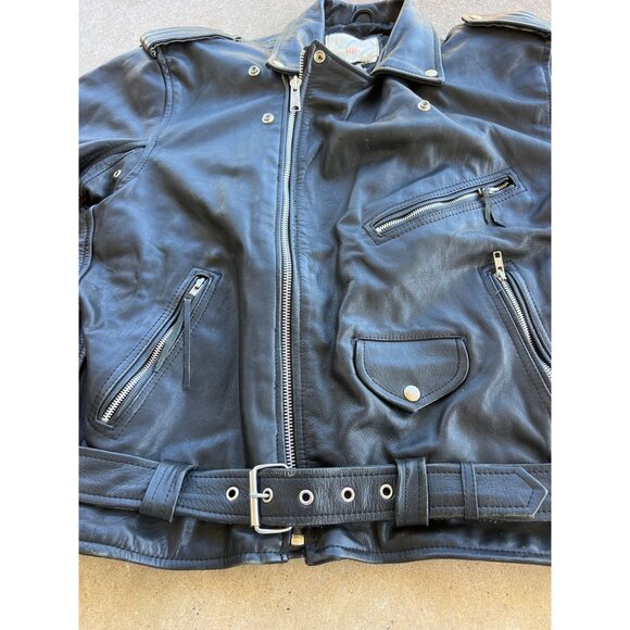 Vintage Vanguard Mens Black Leather Motorcycle Jacket W/ Belted Waist & Embroide - Picture 3 of 7